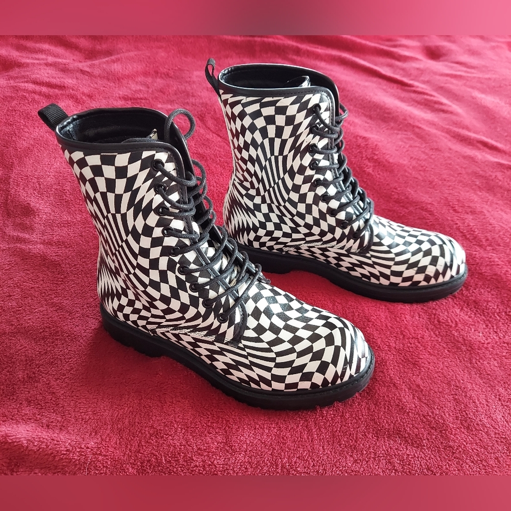 N.Y.L.A. Black and White Checkered Lace-Up Combat Boots
